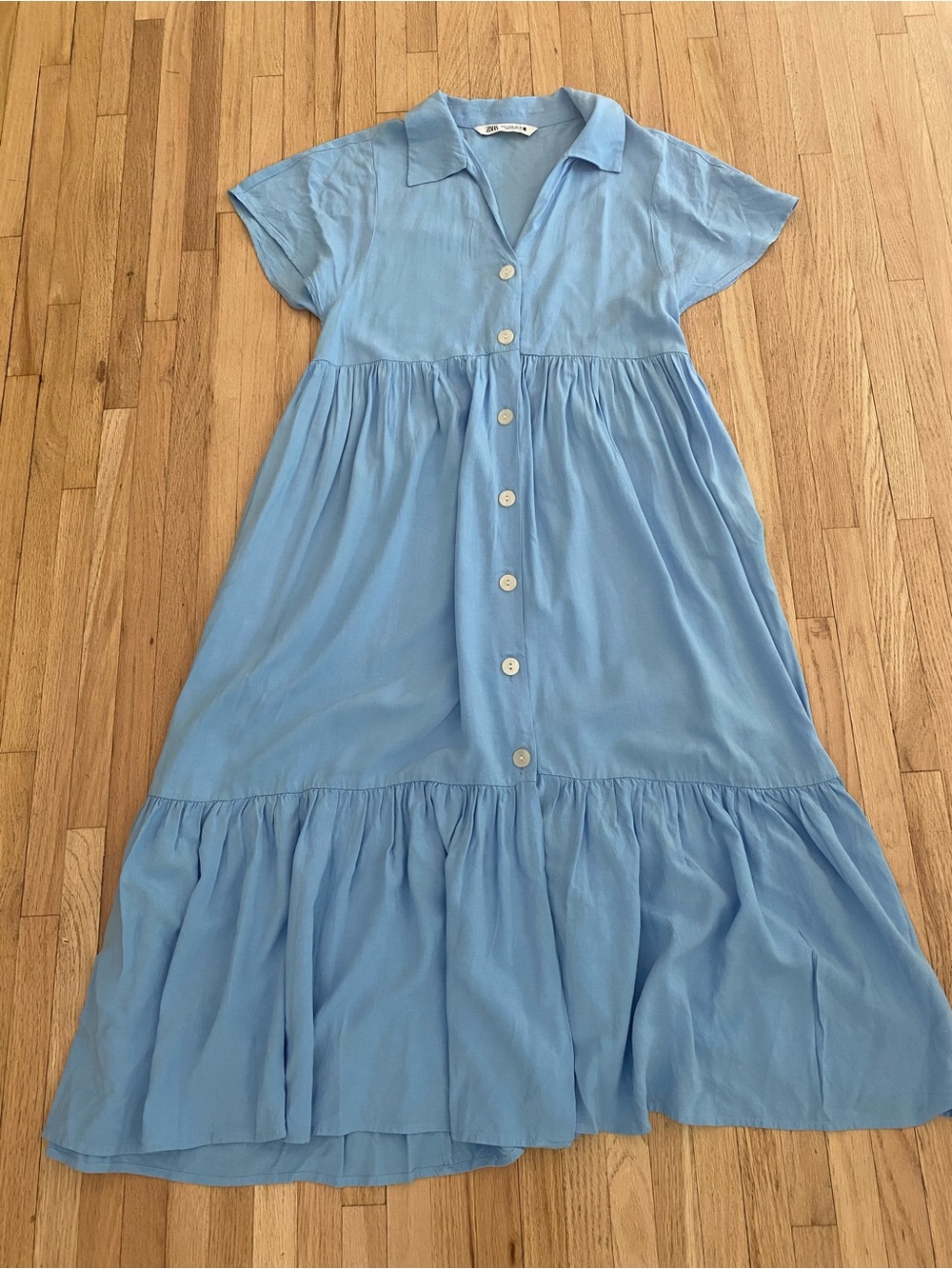 Zara minimalist capsule Euro summer tiered blue button front midi M
